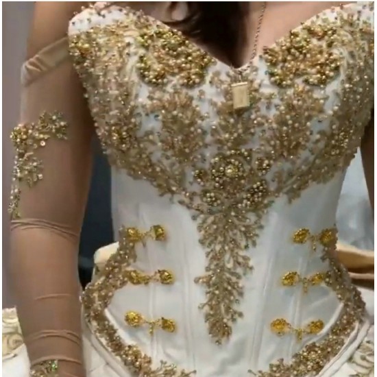 Layered Gold and White Quince Dress Charro Quinceanera Dresses