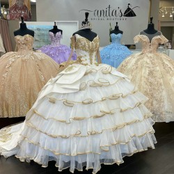 Layered Gold and White Quince Dress Charro Quinceanera Dresses