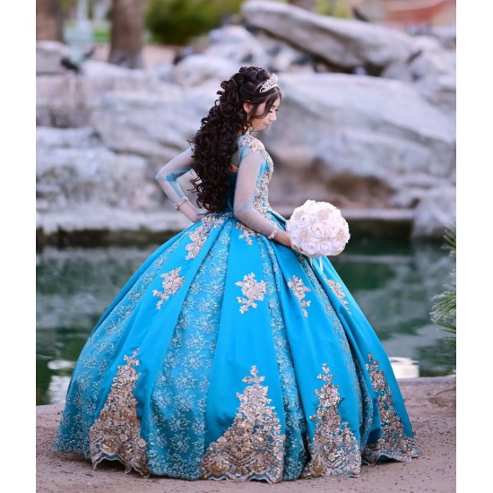 Long Sleeve Aqua Quinceanera Dress Scoop Neck 15 Dresses