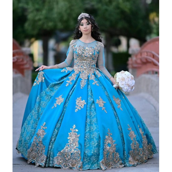 Long Sleeve Aqua Quinceanera Dress Scoop Neck 15 Dresses