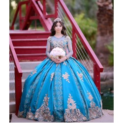 Long Sleeve Aqua Quinceanera Dress Scoop Neck 15 Dresses