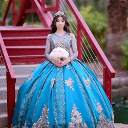 Long Sleeve Aqua Quinceanera Dress Scoop Neck 15 Dresses