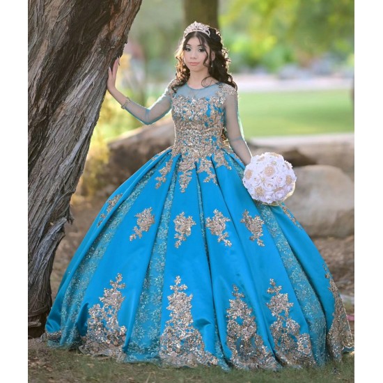 Long Sleeve Aqua Quinceanera Dress Scoop Neck 15 Dresses