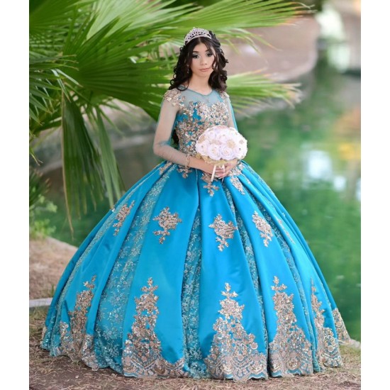 Long Sleeve Aqua Quinceanera Dress Scoop Neck 15 Dresses