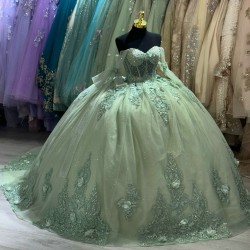 Long Sleeve Ball Gown Sage Green Quinceanera Dress