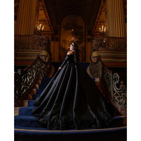 Long Sleeve Black Quinceanera Dresses Lace Appliques Square Collar 15 Dress