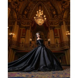 Long Sleeve Black Quinceanera Dresses Lace Appliques Square Collar 15 Dress