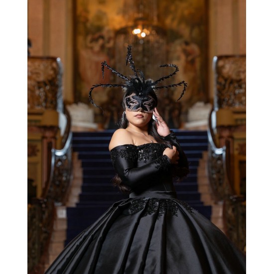 Long Sleeve Black Quinceanera Dresses Lace Appliques Square Collar 15 Dress