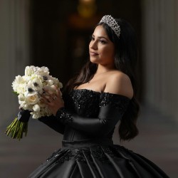 Long Sleeve Black Quinceanera Dresses Lace Appliques Square Collar 15 Dress