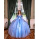 Long Sleeve Blue Quince Dress Lace Appliques V Neck 15 Dresses