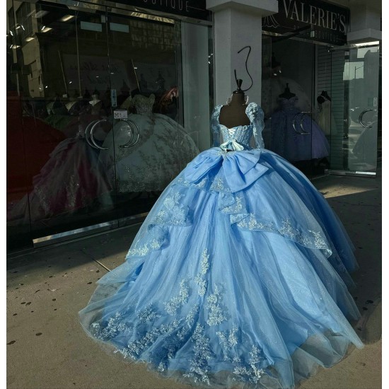 Long Sleeve Blue Quinceanera Dresses Sweetheart Ball Gown 15 Dress With Bow