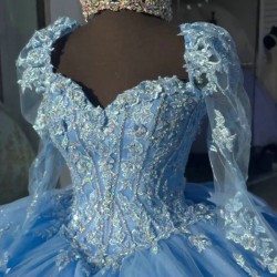 Long Sleeve Blue Quinceanera Dresses Sweetheart Ball Gown 15 Dress With Bow