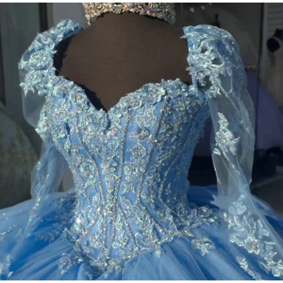 Long Sleeve Blue Quinceanera Dresses Sweetheart Ball Gown 15 Dress With Bow