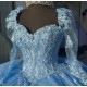 Long Sleeve Blue Quinceanera Dresses Sweetheart Ball Gown 15 Dress With Bow