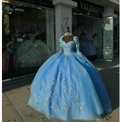 Long Sleeve Blue Quinceanera Dresses Sweetheart Ball Gown 15 Dress With Bow