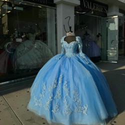 Long Sleeve Blue Quinceanera Dresses Sweetheart Ball Gown 15 Dress With Bow