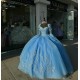 Long Sleeve Blue Quinceanera Dresses Sweetheart Ball Gown 15 Dress With Bow