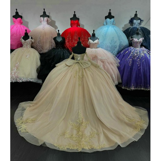 Long Sleeve Champagne Quince Dress V Neck Crystal Ball Gown 15 Dresses With Bow