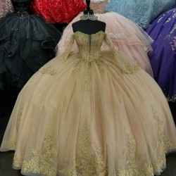 Long Sleeve Champagne Quince Dress V Neck Crystal Ball Gown 15 Dresses With Bow