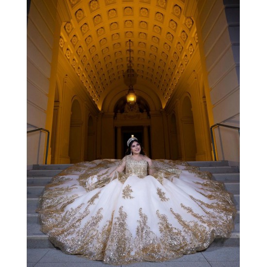 Long Sleeve Champagne Quince Dress V Neck Vestidos De 15 Anos