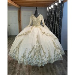 Long Sleeve Champagne Quince Dresses Sequin 15 Dress V Neck Ball Gown