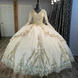 Long Sleeve Champagne Quince Dresses Sequin 15 Dress V Neck Ball Gown