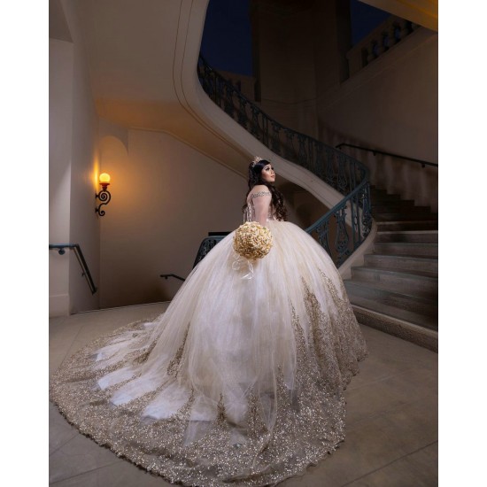 Long Sleeve Champagne Quinceanera Dress 2024 Dresses