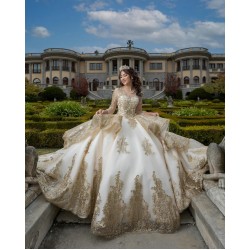 Long Sleeve Champagne Quinceanera Dresses Sweetheart Neck 15 Dress