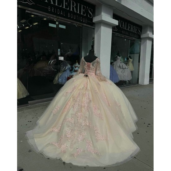 Long Sleeve Champagne Quinceanera Dresses V Neck 15 Dress