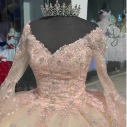 Long Sleeve Champagne Quinceanera Dresses V Neck 15 Dress