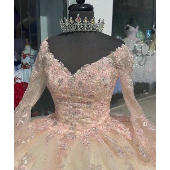 Long Sleeve Champagne Quinceanera Dresses V Neck 15 Dress