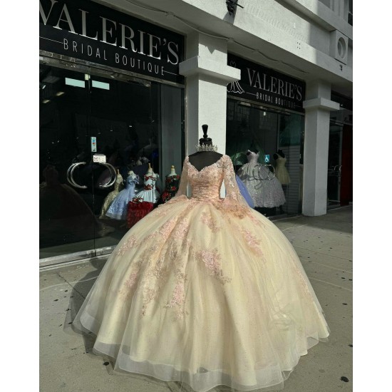 Long Sleeve Champagne Quinceanera Dresses V Neck 15 Dress