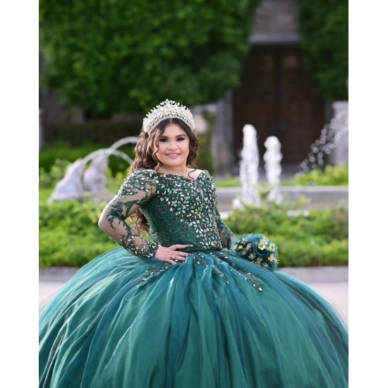 Long Sleeve Emerald Green Quinceanera Dress Metallic Sequin 15 Dresses