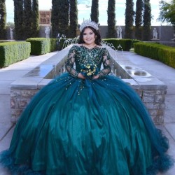 Long Sleeve Emerald Green Quinceanera Dress Metallic Sequin 15 Dresses