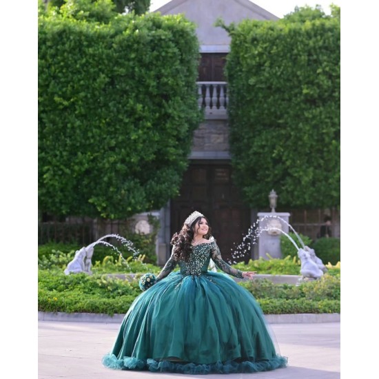 Long Sleeve Emerald Green Quinceanera Dress Metallic Sequin 15 Dresses