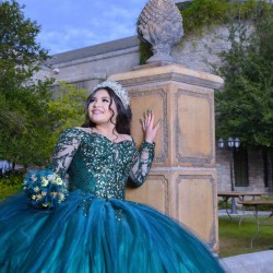 Long Sleeve Emerald Green Quinceanera Dress Metallic Sequin 15 Dresses