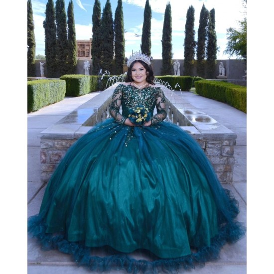 Long Sleeve Emerald Green Quinceanera Dress Metallic Sequin 15 Dresses