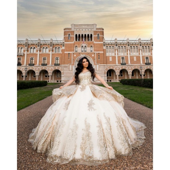 Long Sleeve Gold Quince Dress Sweetheart Neck Vestidos De 15 Anos