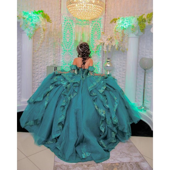 Long Sleeve Green Quinceanera Dress Lace Appliques Sweetheart Neck 15 Dresses