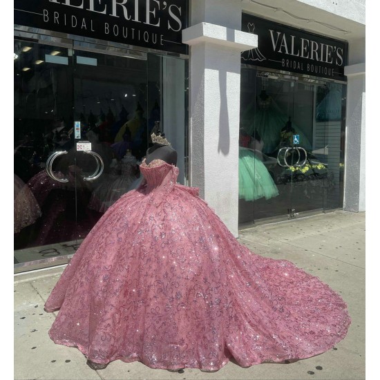 Long Sleeve Hot Pink Quinceanera Dresses Sweetheart Neck Sequin 15 Dress