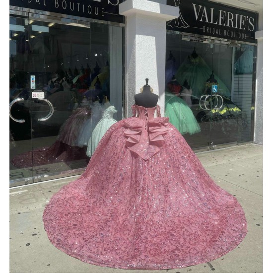 Long Sleeve Hot Pink Quinceanera Dresses Sweetheart Neck Sequin 15 Dress