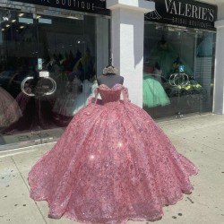 Long Sleeve Hot Pink Quinceanera Dresses Sweetheart Neck Sequin 15 Dress