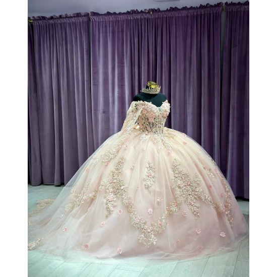 Long Sleeve Light Pink 15 Dresses V Neck Ball Gown Quince Dress