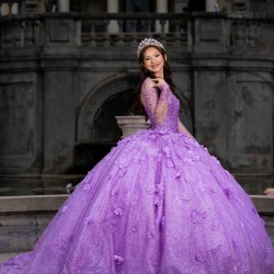 Long Sleeve Lilac Quinceanera Dress Sweet 15 Gowns Princess Dresses