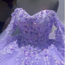 Long Sleeve Lilac Quinceanera Dress Sweetheart Lace Appliques 15 Dresses