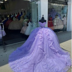 Long Sleeve Lilac Quinceanera Dress Sweetheart Lace Appliques 15 Dresses