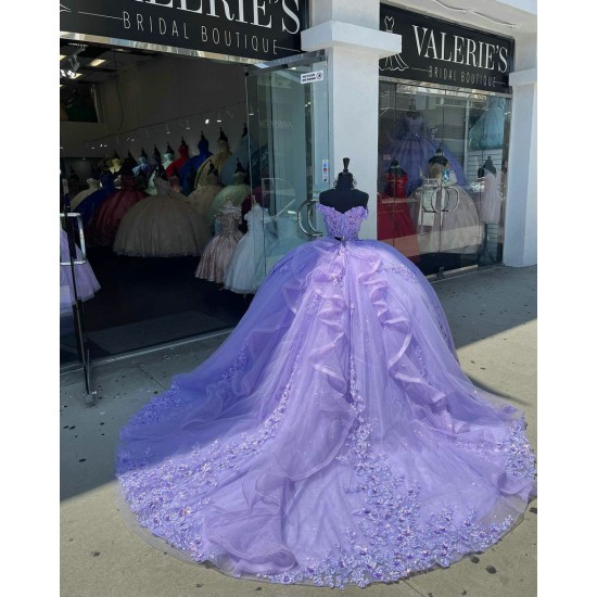 Long Sleeve Lilac Quinceanera Dress Sweetheart Lace Appliques 15 Dresses