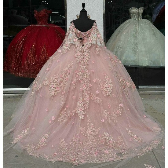 Long Sleeve Pink Quince Dresses V Neck 15 Dress Lace Appliques Ball Gown