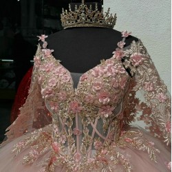 Long Sleeve Pink Quince Dresses V Neck 15 Dress Lace Appliques Ball Gown