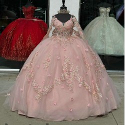 Long Sleeve Pink Quince Dresses V Neck 15 Dress Lace Appliques Ball Gown